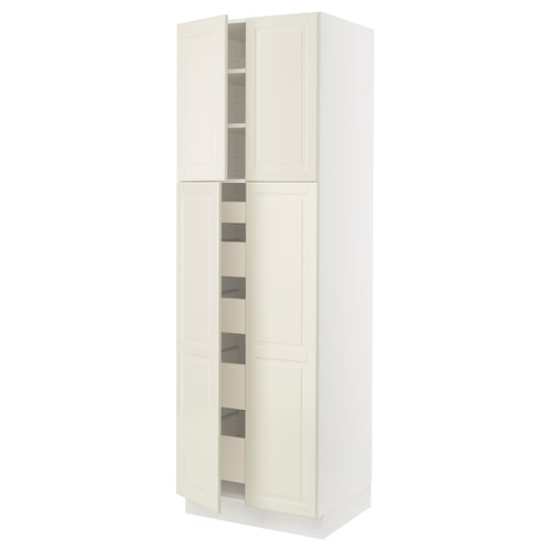 An off-white SEKTION kitchen cabinet with four doors. It has a traditional design with bevelled edges and metal shelves inside.