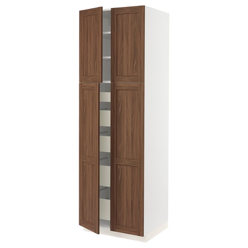 SEKTION kitchen cabinet in white and walnut, tall with open doors showing shelves.