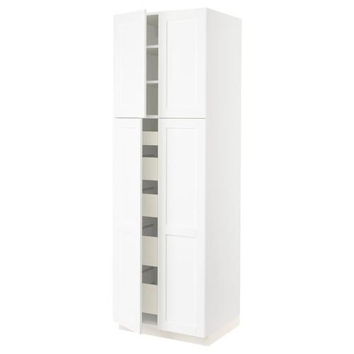 A white SEKTION tall kitchen cabinet with multiple shelves and drawers, designed for storage.