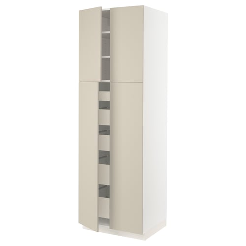 SEKTION beige kitchen cabinet, tall with multiple shelves, modern design.