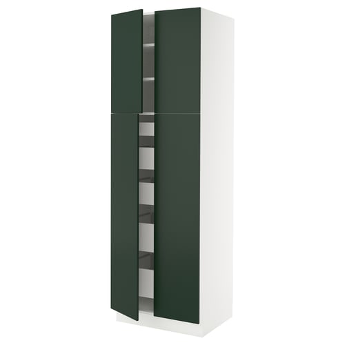 A tall white cabinet with green doors and shelves inside.