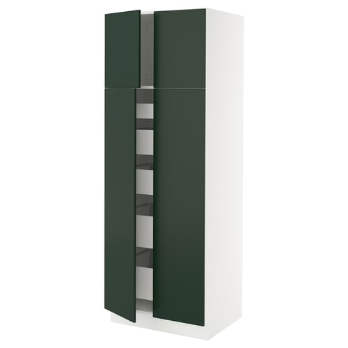 A SEKTION kitchen cabinet with green havstorp doors and white frame.