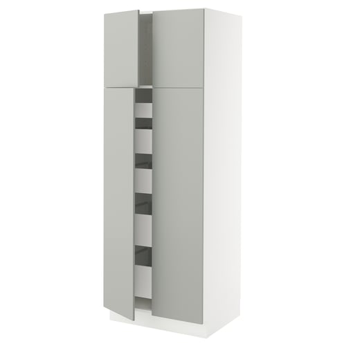 Modern white SEKTION kitchen cabinet with grey havstorp doors, fully assembled.