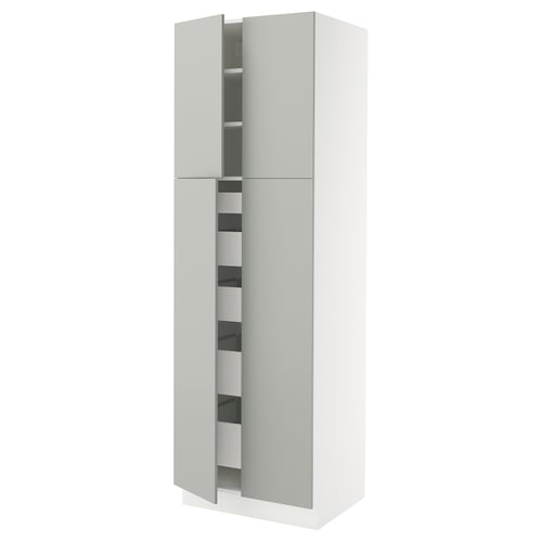 A tall, white SEKTION kitchen cabinet with light grey doors and shelves, designed for modern kitchens.