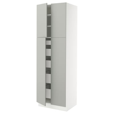 A tall, white SEKTION kitchen cabinet with light grey doors and shelves, designed for modern kitchens.