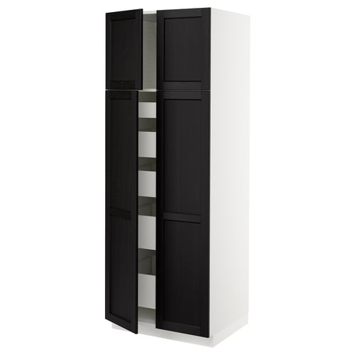 A tall, white SEKTION kitchen cabinet with dark black-stained wooden doors and shelves. It has a modern design with sleek lines and bevelled edges.