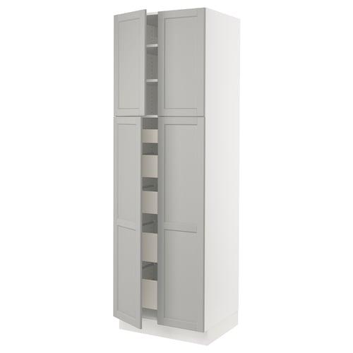 Ikea SEKTION kitchen cabinet in light grey with beveled doors and adjustable shelves.