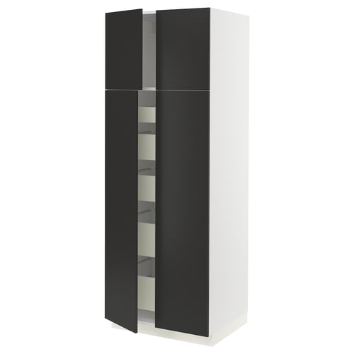 Black and white tall kitchen cabinet with integrated lighting, four shelves, and sleek design.