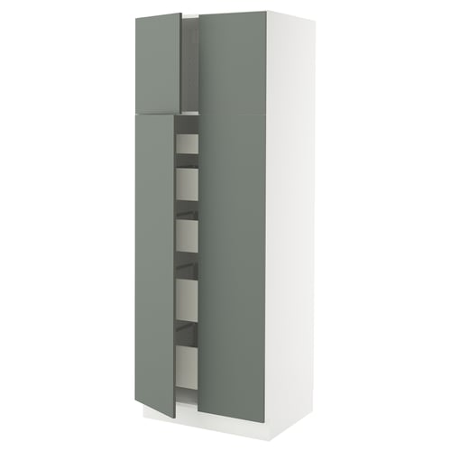 Modern tall kitchen cabinet with soft-close doors in greenish-grey and white.