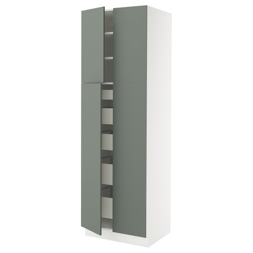 SEKTION kitchen cabinet in gray-green with white base, featuring adjustable shelves and smooth-closing hinges.