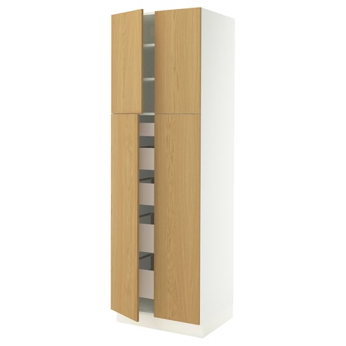 An ikea SEKTION tall cabinet in white with light wood doors and shelves.