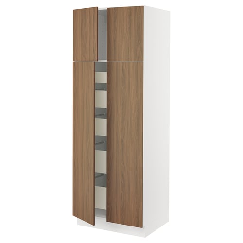 SEKTION modern kitchen cabinet in white and walnut, featuring open drawers and smooth hinges.