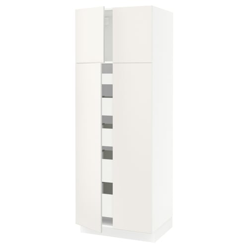 A white, tall, modern cabinet from the SEKTION kitchen system. It sleek, smooth surfaces and a minimalist design ideal for a contemporary kitchen.