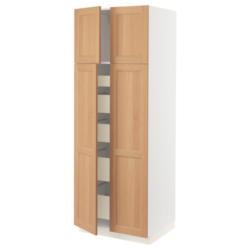 Wooden kitchen cabinet with open doors, light oak colour, white interior, soft-close hinges.