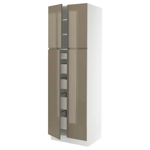 SEKTION kitchen cabinet, high gloss brown-gray, tall, modern design with sleek handles.