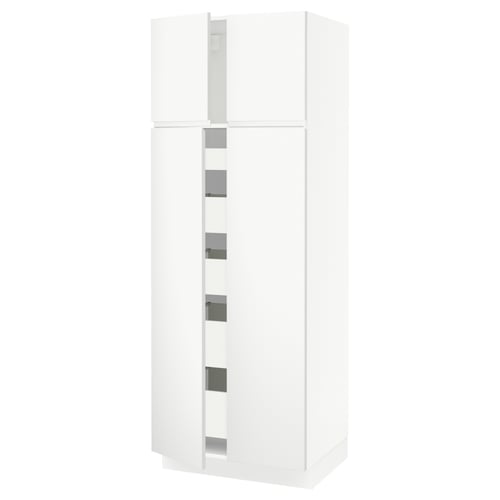 A white SEKTION tall kitchen cabinet with integrated handles and multiple shelves.
