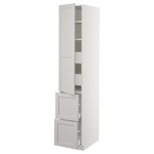 SEKTION white kitchen cabinet, tall with drawers, light grey lerhyttan fronts, adjustable shelves, bevelled edges.