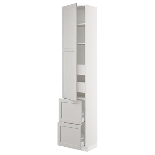 A tall white cabinet with both shelves and drawers. It a sleek design perfect for kitchen storage.