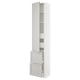 A tall white cabinet with both shelves and drawers. It a sleek design perfect for kitchen storage.