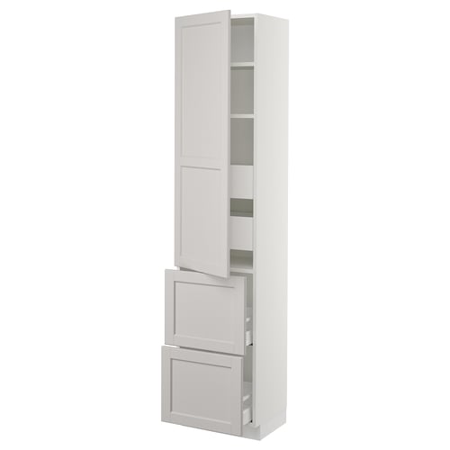 SEKTION white cabinet, light grey, modern design, adjustable shelves, soft-closing drawers.