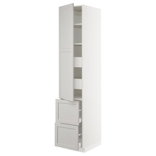 A white SEKTION kitchen cabinet with light grey lerhyttan fronts, featuring adjustable shelves and dampened hinges.