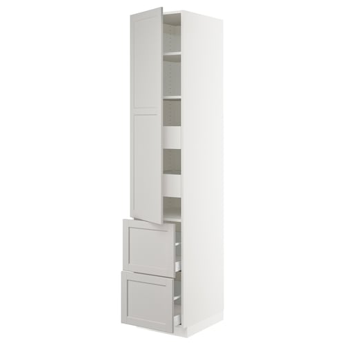 A white SEKTION kitchen cabinet with light grey lerhyttan fronts, featuring adjustable shelves and dampened hinges.