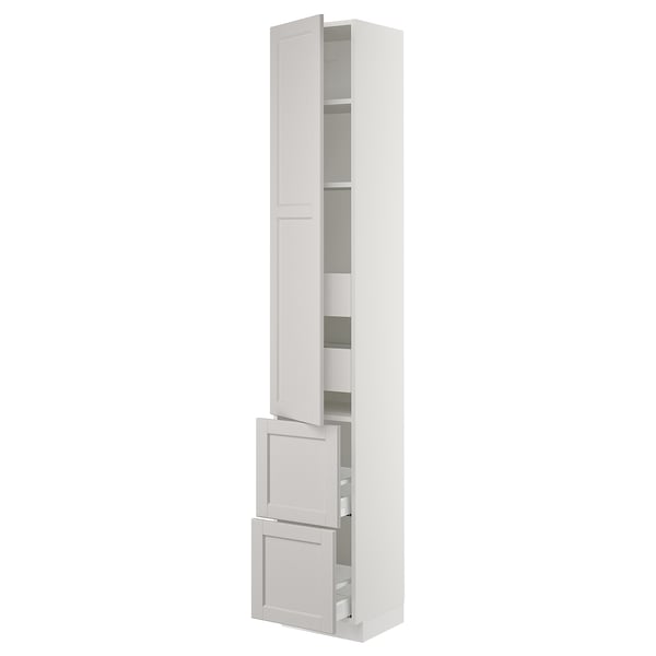 White SEKTION kitchen cabinet with light grey lerhyttan fronts, featuring adjustable shelves and soft-closing hinges.