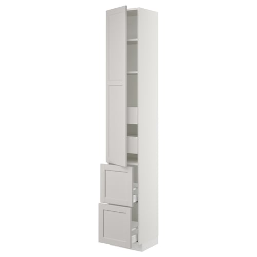 White SEKTION kitchen cabinet with light grey lerhyttan fronts, featuring adjustable shelves and soft-closing hinges.