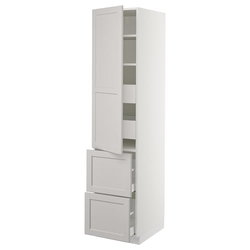 White SEKTION kitchen unit with grey drawers, classic design, adjustable shelves.
