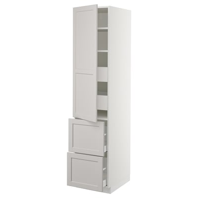 White SEKTION kitchen unit with grey drawers, classic design, adjustable shelves.