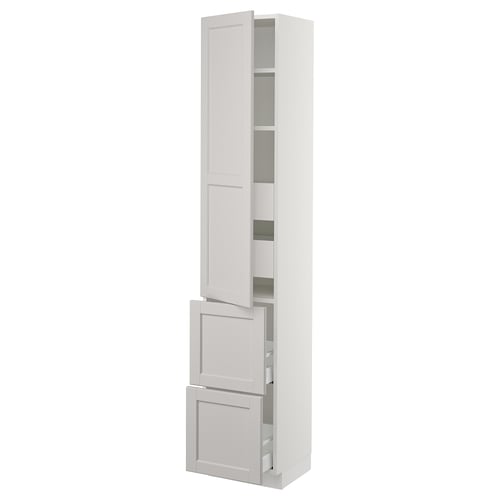 Tall white kitchen cabinet with adjustable shelves, three drawers, and bevelled edges.