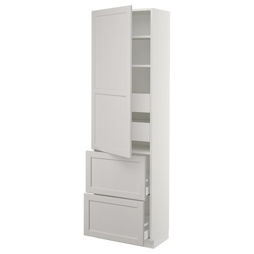 White kitchen cabinet with drawers and shelves