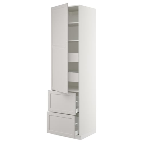 White kitchen cabinet with grey trim. Tall, rectangular with adjustable shelves and full-extension drawers. Classic, traditional design.