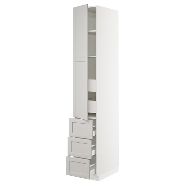 White SEKTION kitchen cabinet with grey lerhyttan fronts, bevelled edges, and adjustable shelves.