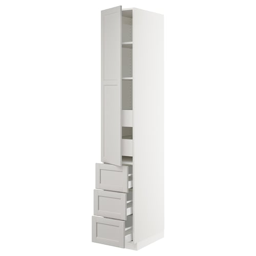 White SEKTION kitchen cabinet with grey lerhyttan fronts, bevelled edges, and adjustable shelves.