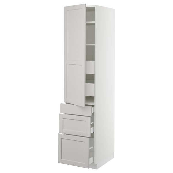 White SEKTION storage cabinet with grey lerhyttan drawers and shelves, featuring bevelled edges and adjustable shelves.