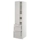 White SEKTION storage cabinet with grey lerhyttan drawers and shelves, featuring bevelled edges and adjustable shelves.
