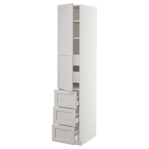 SEKTION: white cabinet with open door, drawers, sleek design. Made from birch and fibreboard.