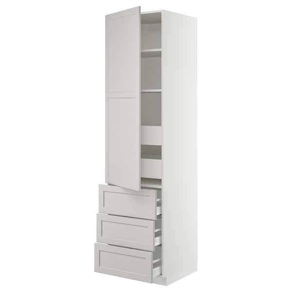 White SEKTION kitchen cabinet with drawers and adjustable shelves.