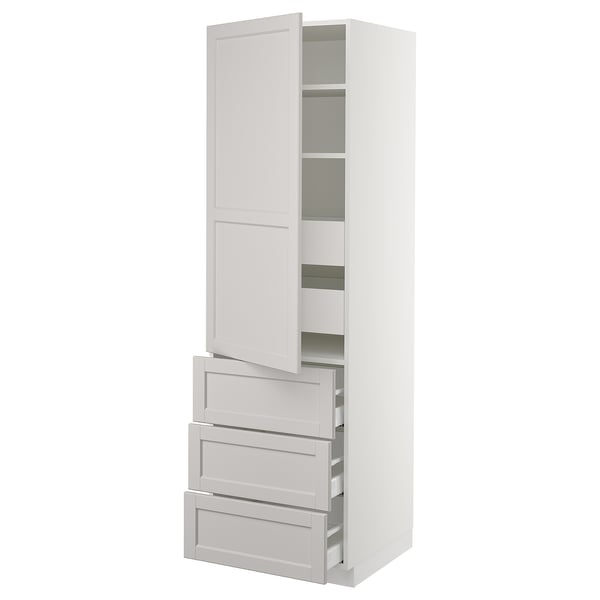 White tall kitchen cabinet with grey drawers and shelves.
