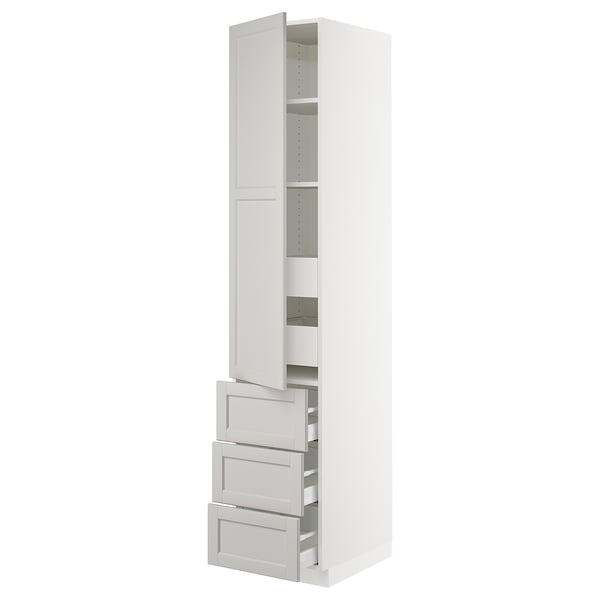 White SEKTION kitchen cabinet, light grey lerhyttan doors, three drawers, adjustable shelves, bevelled edges.