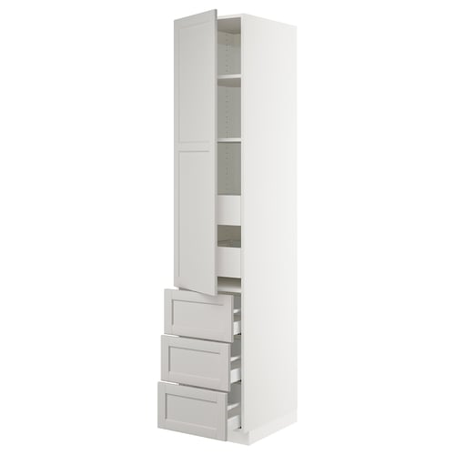White SEKTION kitchen cabinet, light grey lerhyttan doors, three drawers, adjustable shelves, bevelled edges.