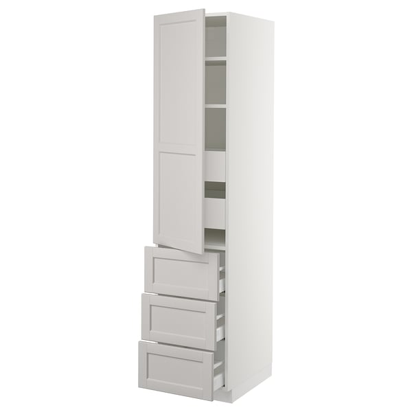 White tall kitchen cabinet with grey lerhyttan handles, four drawers, and adjustable shelves.
