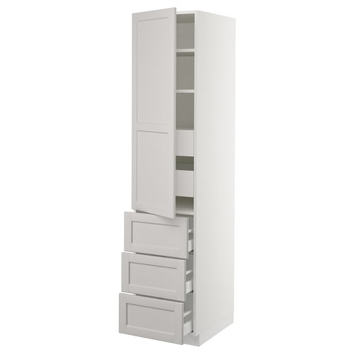 White tall kitchen cabinet with grey lerhyttan handles, four drawers, and adjustable shelves.