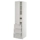 White tall kitchen cabinet with grey lerhyttan handles, four drawers, and adjustable shelves.