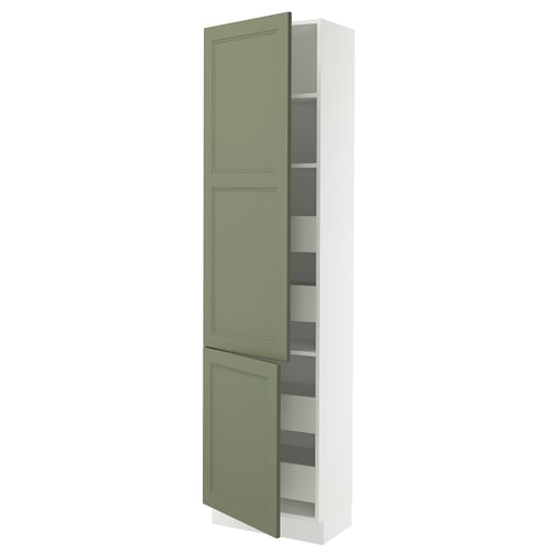A tall, white SEKTION kitchen cabinet with two green axstad doors and adjustable shelves, designed for storage.