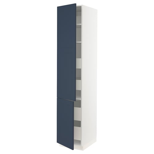 A tall, white ikea SEKTION cabinet with blue doors and adjustable shelves.