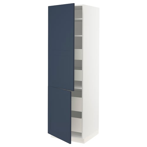 White kitchen cabinet with blue doors and four shelves.