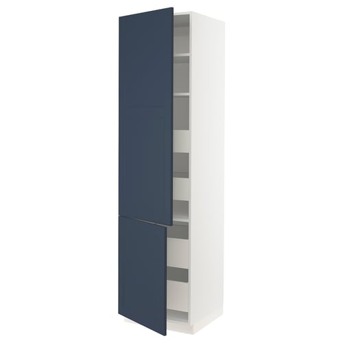 Blue and white kitchen cabinet with adjustable shelves and soft-close hinges.
