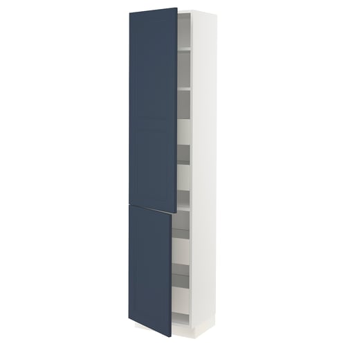A blue and white SEKTION kitchen cabinet with two doors and adjustable shelves.